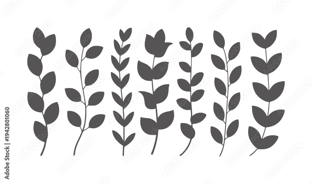 Fototapeta premium Seven dark gray stylized plant stems with leaves white leaf silhouette