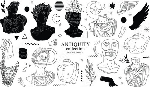 Ancient Greek Roman Antiquity Sculpture Collection with Statue Busts Wings and Botanical Elements in Aesthetic Dark Academia Linocut Vector Art Style