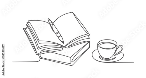 Open book with pen and coffee cup minimalist line pencil