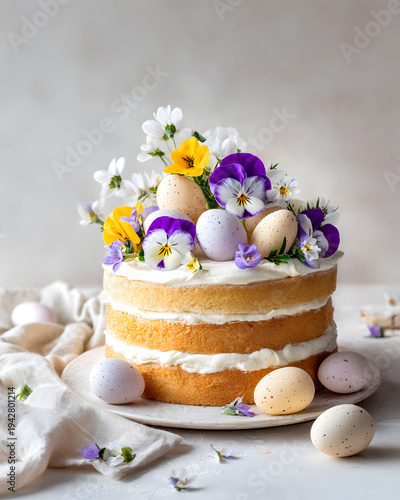 A cake with layers topped with flowers, eggs, and decorations for Easter