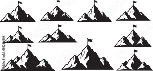 Mountain Peaks with Flags Illustration in Black and White
