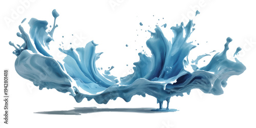 A vibrant blue water splash with liquid drops and wave motion creates a beautiful transparent illustration isolated on white for nature art and design