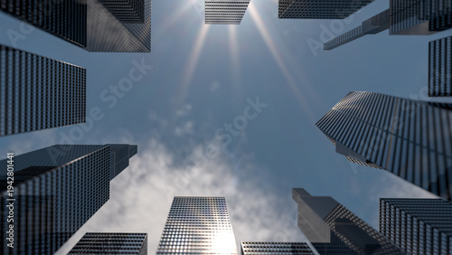 Air transportation concept. Perspective view skyscraper and airplane. Business and travel concept. 3d rendering