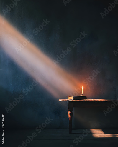 Sunray breaks through darkness, shining on a candle placed on a book