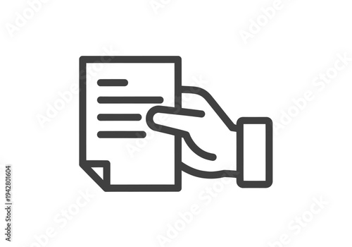 Hand holding document icon for file upload, download, or document management, minimalist line style