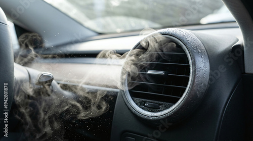 Car air conditioning vent blowing cold mist with water droplets on black dashboard