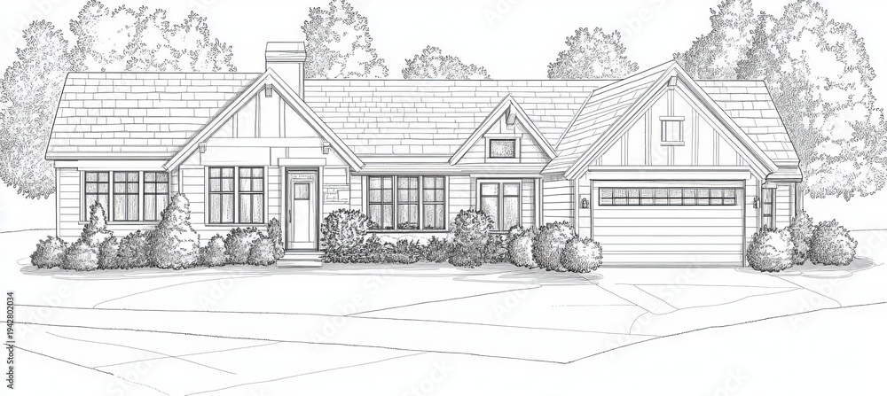 Fototapeta premium Charming Detached House in Line Art Style with Architectural Features and Beautiful Landscaping