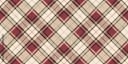Classic red and beige plaid fabric pattern with intricate diagonal weave details Vector