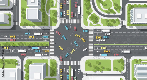 Aerial View of a Busy City Intersection with Heavy Traffic.
