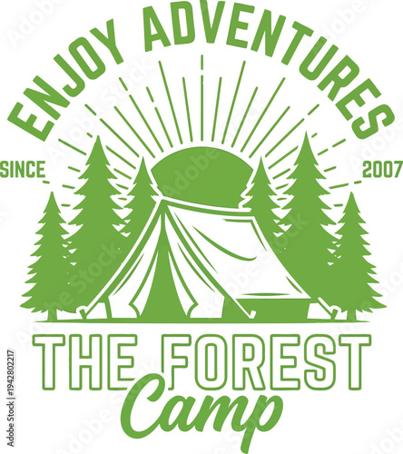 Vibrant green camping logo with tent and trees, 'Enjoy Adventures' text, vector illustration