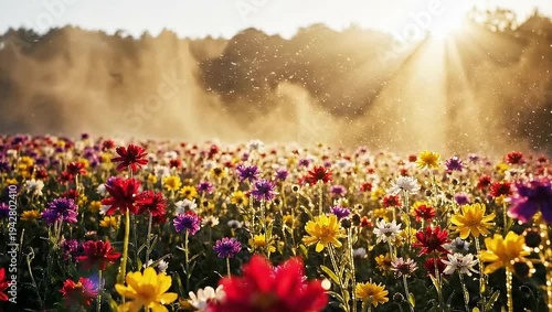 Wallpaper Mural A vibrant field of colorful flowers bathed in golden sunlight, with a misty forest in the background. Torontodigital.ca