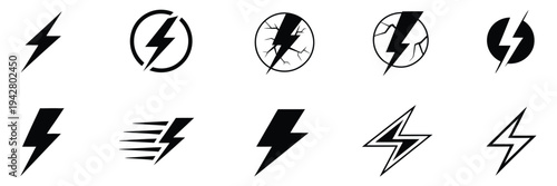 Lightning bolt icon set, showcasing thunderbolt, electric power, energy, and flash light symbols in vector format for electricity, technology, and digital media graphics.