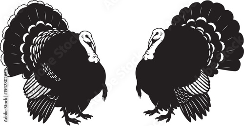 Black and white turkeys facing opposite directions illustration