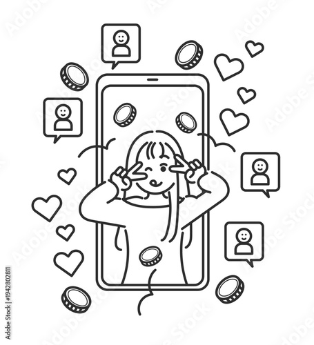 ライブ配信でお金を稼ぐ女性インフルエンサーのイラスト　線画のみ