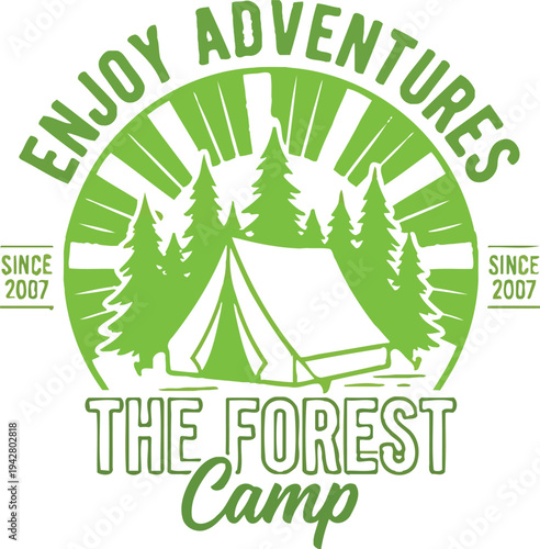 Camping adventure logo with tent and trees, enjoy adventures, the forest camp vector illustration