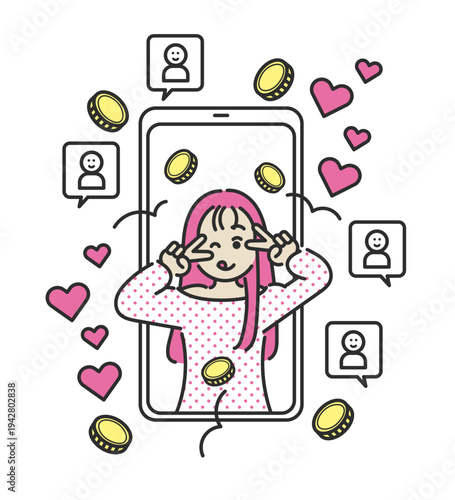 ライブ配信でお金を稼ぐ女性インフルエンサーのイラスト