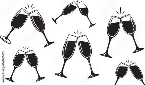 Illustration of multiple champagne glasses toasting in celebration together