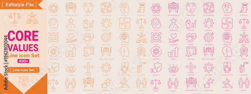 Core values Big line icons. core values, innovation, quality, responsibility, teamwork, reliability, focus, honesty icon. Vector