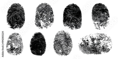 Abstract fingerprint imprint texture set. vector black grunge distressed ink evidence technology artistic dirty background design.