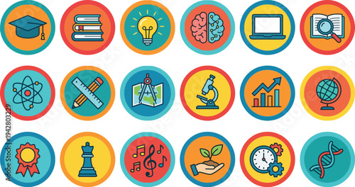 Education icons set vector illustration, flat design symbols for learning, knowledge and skills, colorful graphic art