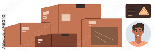 Logistics, shipping services, delivery safety, parcel management, packaging solutions, supply chain. A group of cardboard boxes, warning signage and a smiling courier. Shipping services and delivery