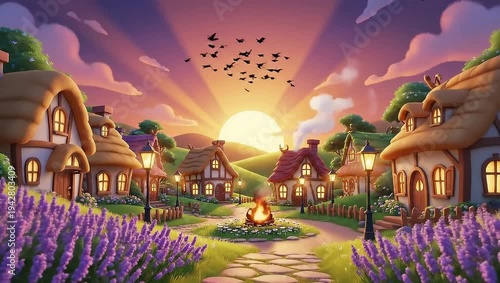 Wallpaper Mural A charming village at sunset with a cozy bonfire and blooming flowers. Torontodigital.ca