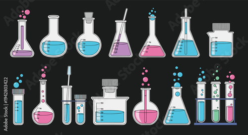 Laboratory glassware collection displays various flasks and beakers filled with colorful liquids and bubbles on black.
