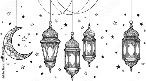 Hanging lanterns and crescent moon with stars, ramadan kareem decoration vector illustration