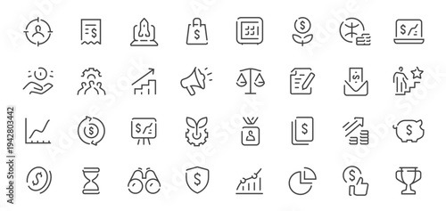 Finance and business line icons set. Investment, analytics, startup, marketing outline vector symbols. Infographics