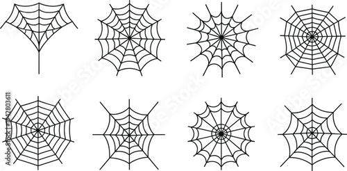 Collection of spider web icons in black line style, various cobweb shapes isolated on light background, Halloween design elements for decoration, illustration or graphic resources.