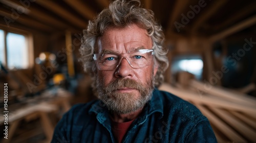 A rugged craftsman with a beard and glasses poses thoughtfully in a wooden workshop, portraying dedication and skillfulness in his craftsmanship amidst natural materials.
