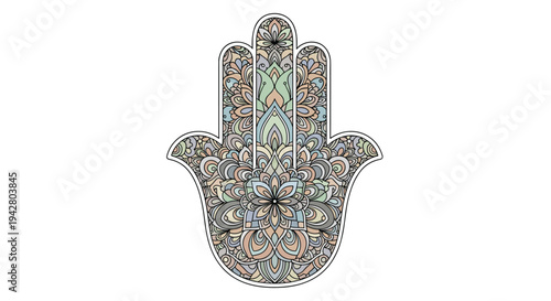 Intricate hamsa hand symbol features a detailed colorful floral mandala pattern for spiritual and decorative art.