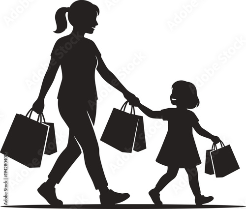 Mother and daughter shopping together holding bags walking silhouette family lifestyle retail consumer activity parenting illustration concept