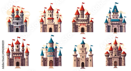 Assortment of pixel art medieval castles features stone towers and flags for classic video game background assets.
