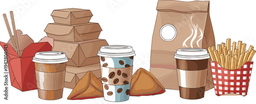Takeaway Food and Coffee Illustration Set Featuring Paper Bags, Coffee Cups, French Fries, and Asian Takeout Boxes
