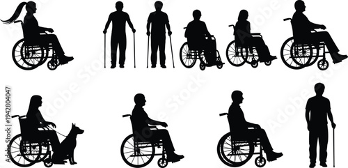 Disabled People Silhouette Set, Men and Women in Wheelchairs with Service Dog, Individuals with Crutches and Walking Canes Vector Illustration, Accessibility Icons