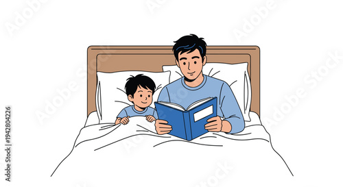 Father and son enjoy a quiet moment reading a bedtime storybook together in a cozy and comfortable bedroom setting.
