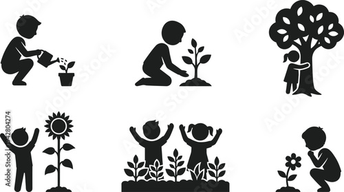 Children planting watering plants and caring tree silhouette kids gardening nature growth environmental education illustration collection set