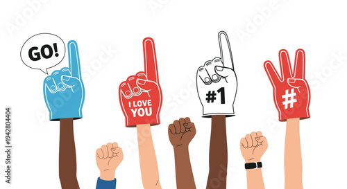 Diverse group of supporters raises foam fingers and fists with motivational messages for various sports or rallies.