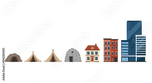 Evolutionary timeline of human housing shows dwellings from primitive caves and tents to large modern skyscrapers.