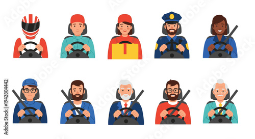 Diverse set of character avatars features people in various professions like racing, package delivery, and police.