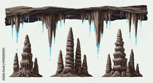Cave interior scene displays dripping stalactites from the ceiling and stalagmites rising from the cavern floor.