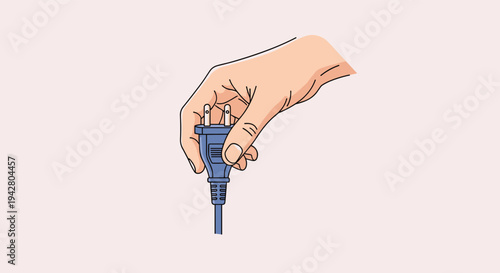 Hand holds a blue electrical power plug ready to be connected to a wall socket for providing household energy.