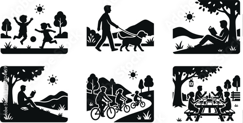 Family outdoor activities silhouette set kids playing dog walking reading cycling picnic park lifestyle nature leisure illustration collection