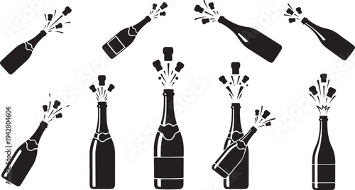 Black and white champagne bottles celebration party icons set