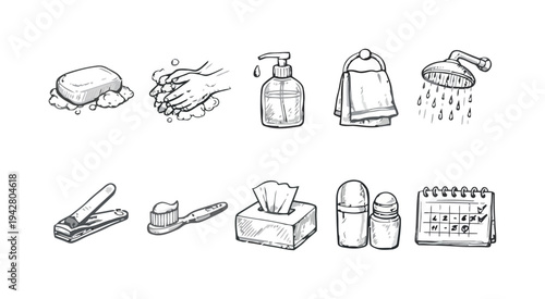 Hand drawn icons of hygiene and personal care items for daily routine and grooming