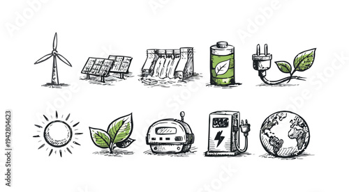 Hand drawn icons representing renewable energy sources and sustainable power generation