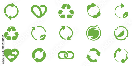 Recycle vector icon set, featuring arrows, heart, and leaf symbols, rounded angles, and eco-friendly recycling signs isolated on white background in vector illustration.