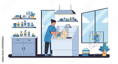 Professional pet groomer washes a golden retriever in a modern salon equipped with many different shelves of supplies.