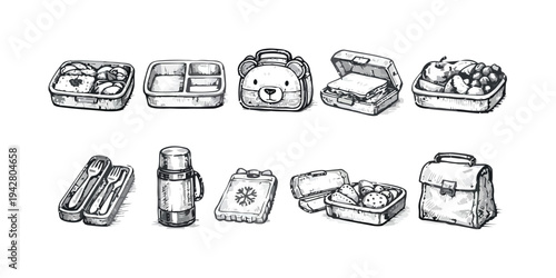 Hand drawn lunch box and food container icons set for school or picnic